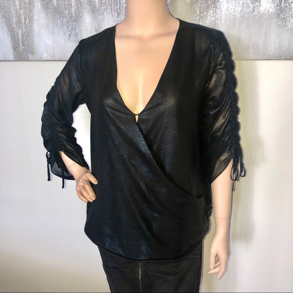 Guess Metallic Black Long Sleeve Wrap Blouse